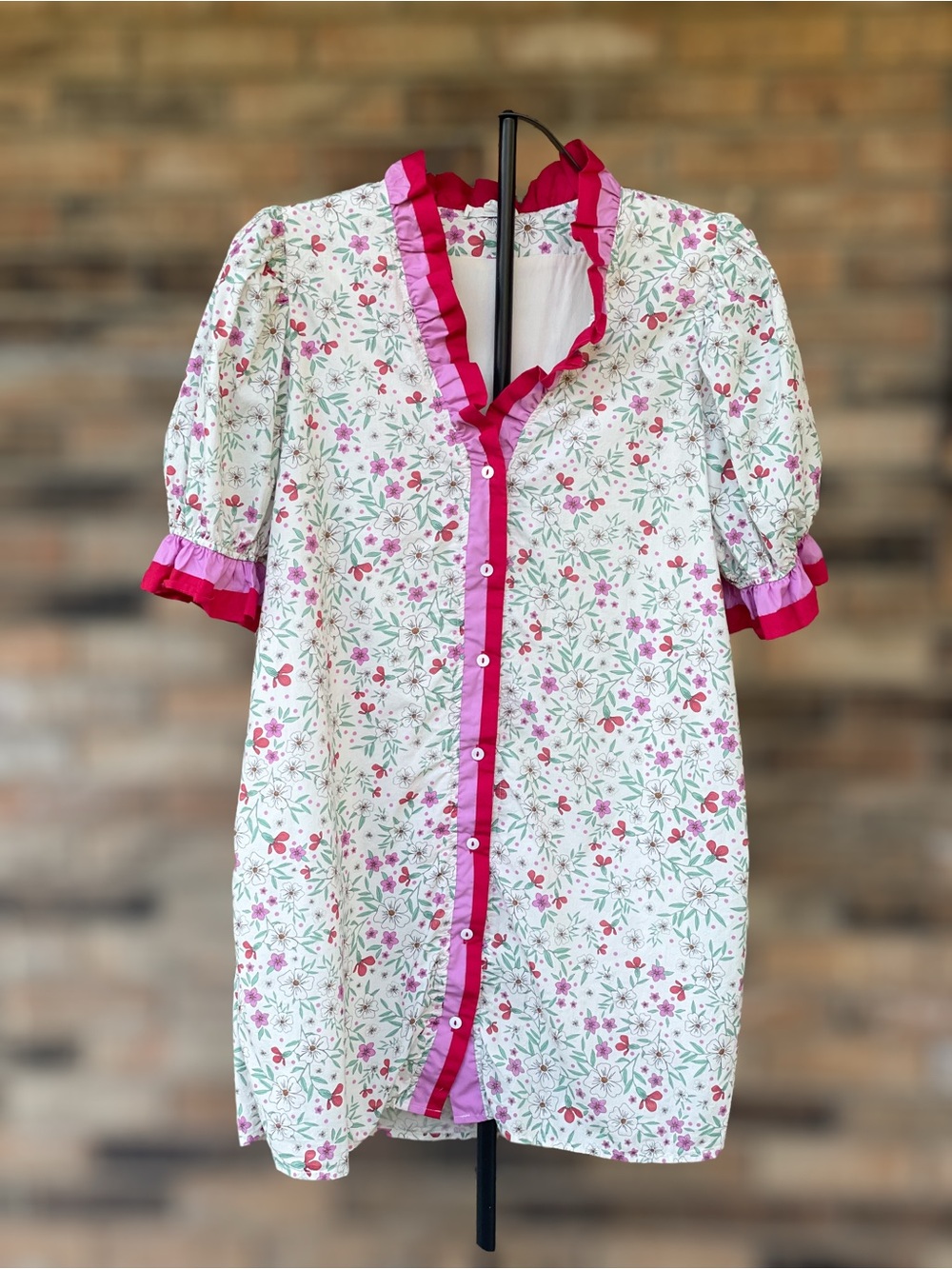 Entro XL Floral Ruffle Trim Button Front Mini Dress Puff Sleeve